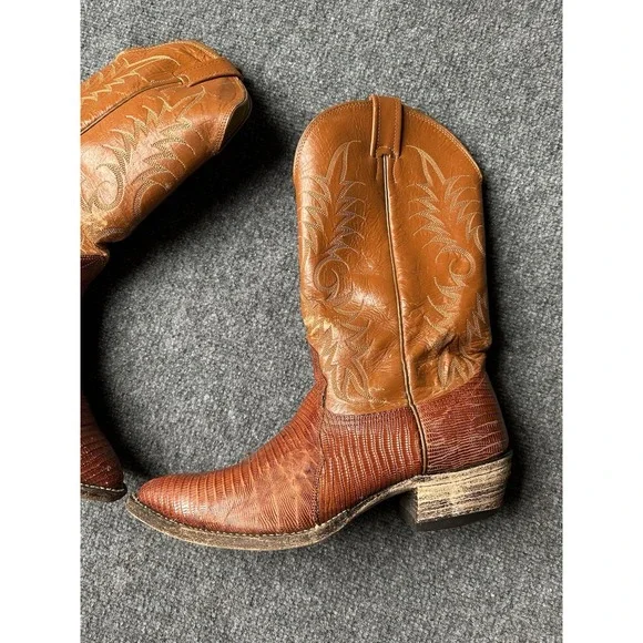 Mens Leather Nocona Brown Lizard Print Cowboy Boots 29060 USA 1970s, Size 9.5E